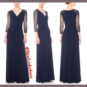 NEW Adrianna Papell Sequin 3/4 Sleeve Jersey Gown in Navy Blue [SZ 4 ]‎